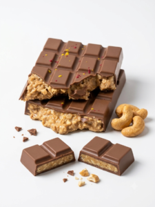 Tablette de chocolat au lait haut de gamme fourrée à la pâte d'acajou et feuilletine croustillante ChocoArt.