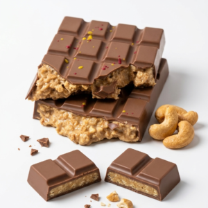 Tablette de chocolat au lait haut de gamme fourrée à la pâte d'acajou et feuilletine croustillante ChocoArt.